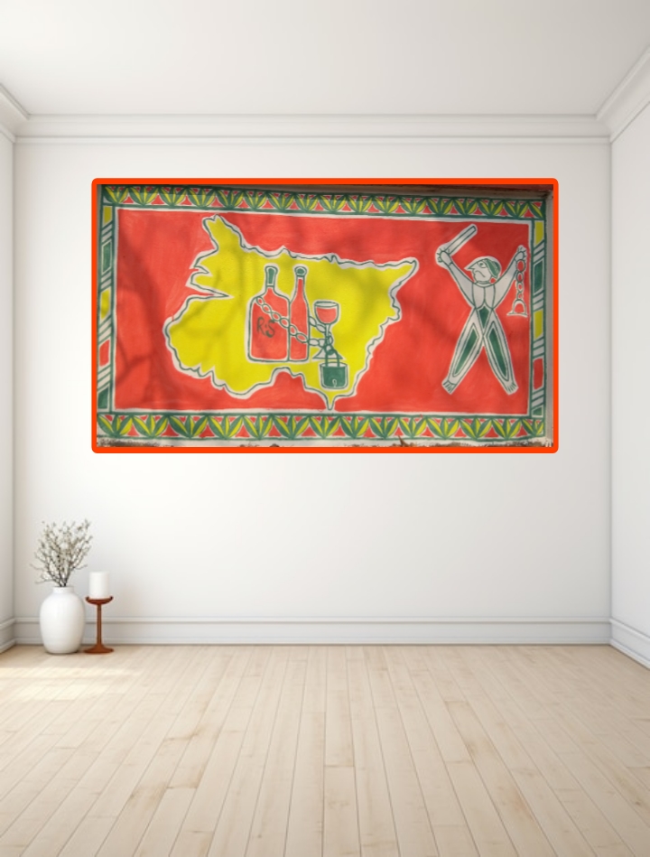 A traditional folk-style wall painting promoting prohibition of alcohol in Bihar.