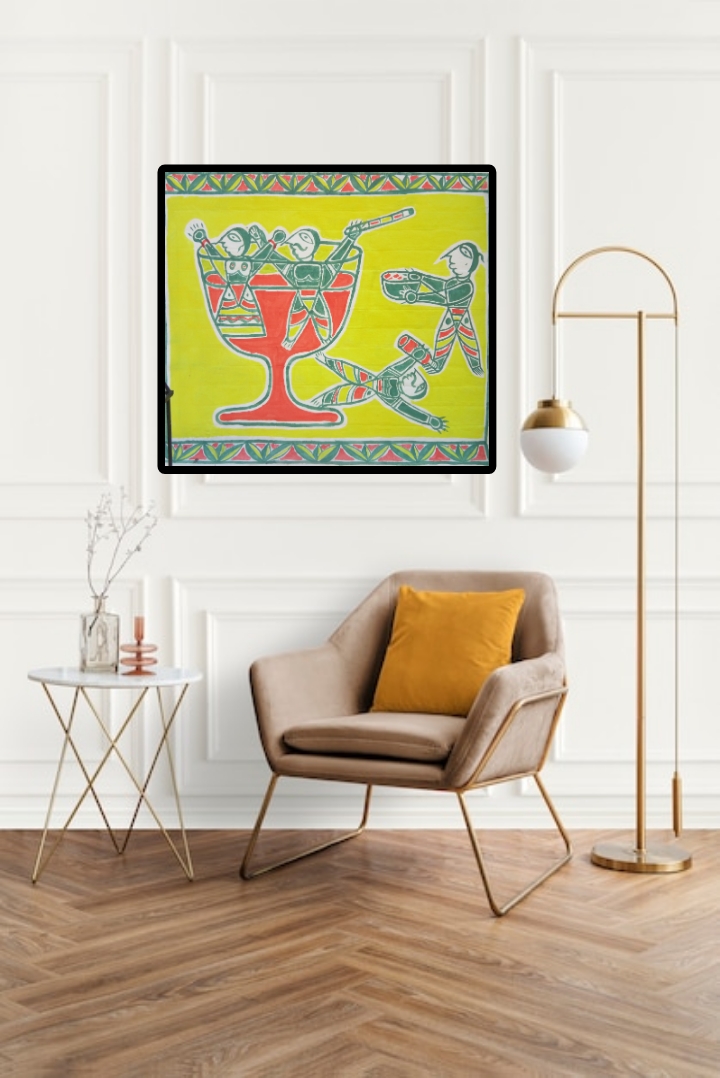 Traditional Manjusha painting depicting folk tales with vibrant colors and symbolic motifs.