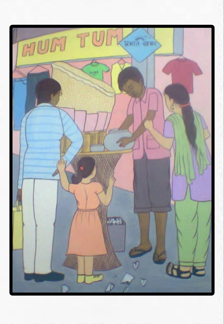 A family visits a street vendor at a market.