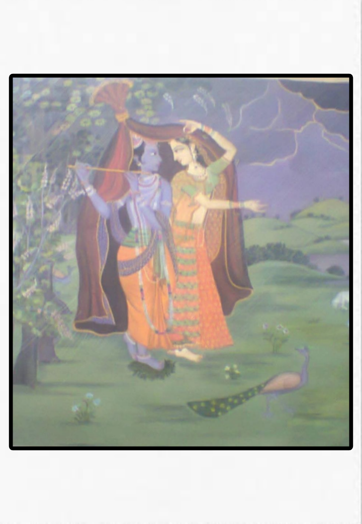 Krishna and Radha dancing in the rain under a monsoon sky.